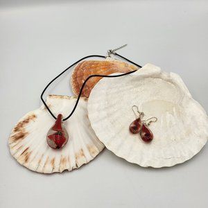 Teardrop Glass Bead with Red Necklace and Earring Set